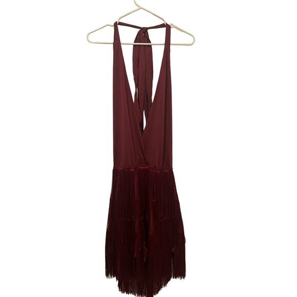 Deep V-Neck Cross Back Fringed Skirt Romper Jumpsuit Burgandy Size L - Picture 15 of 16